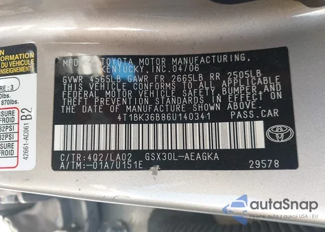 2006 Toyota Avalon Xls z USA, uszkodzony, nr VIN 4T1BK36B86U140341